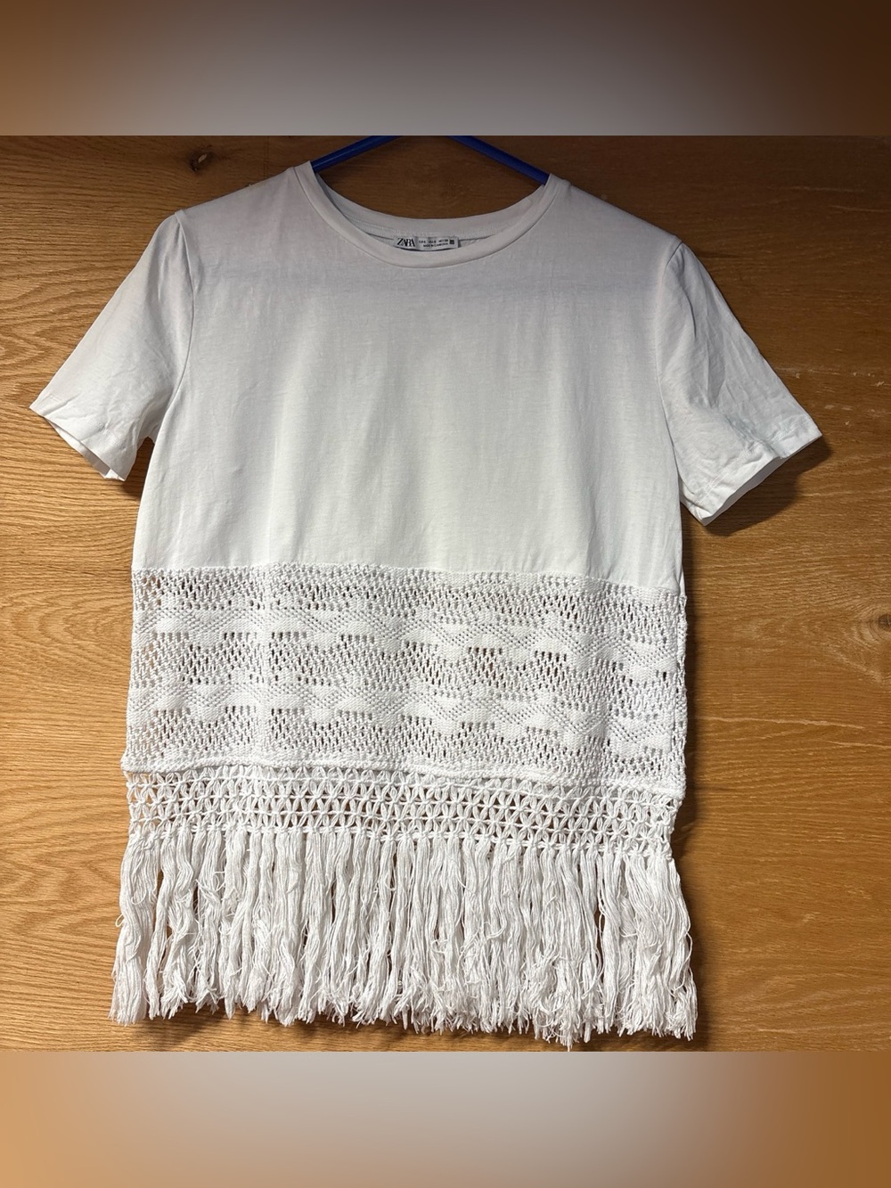 Zara White Crochet Fringe Short Sleeve Tee